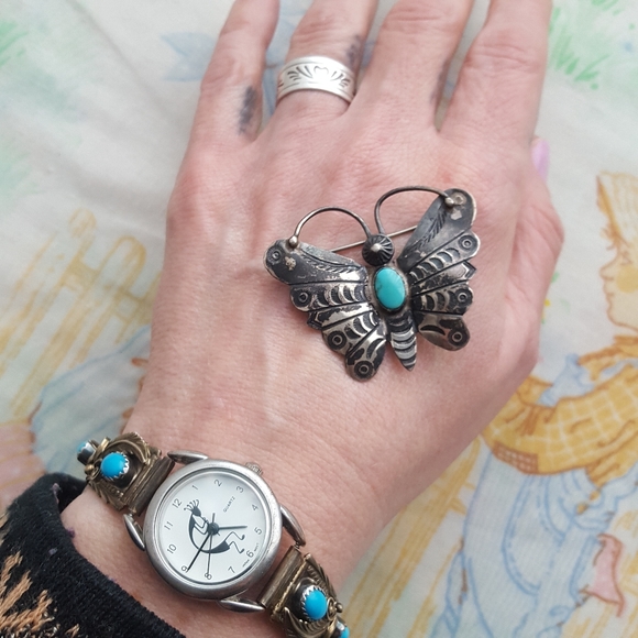 Vintage Silver & Turquoise Butterfly Brooch - Picture 2 of 8